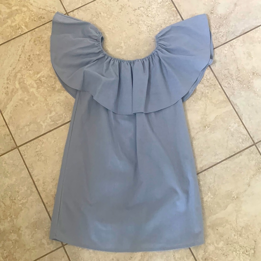 Women’s blue mini off the shoulder dress.